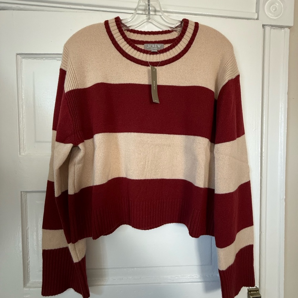 J. Crew Red and Cream Wide-Strip Crewneck Sweater
